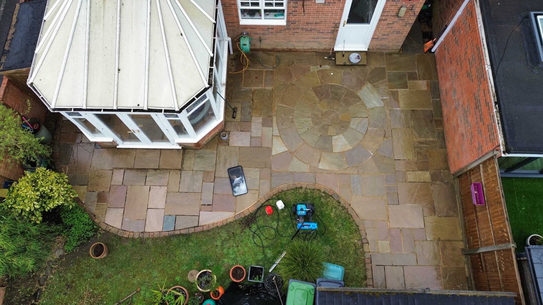 Drone photo of cleaned paving and patio areas