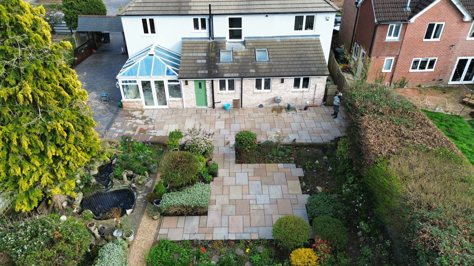 Aerial patio and garden view after cleaning