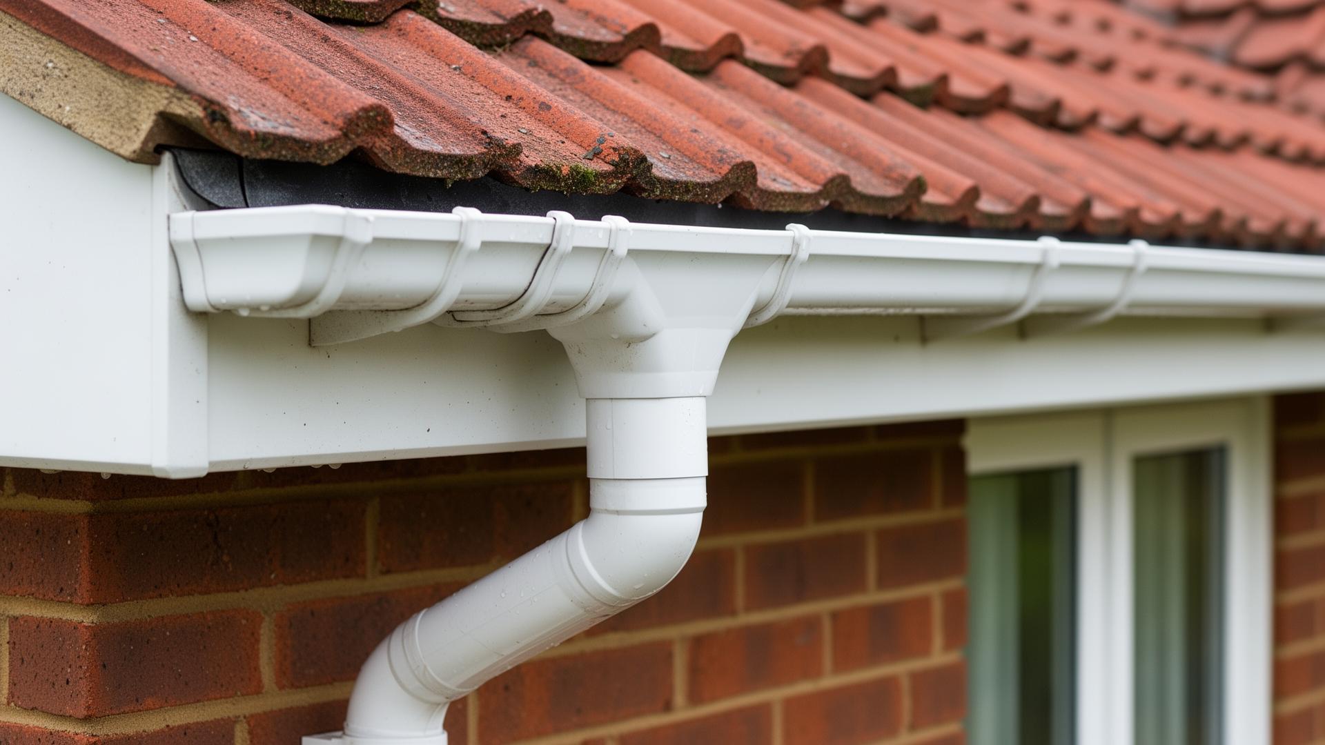 Clean white uPVC guttering and downpipe on a UK residential roofline