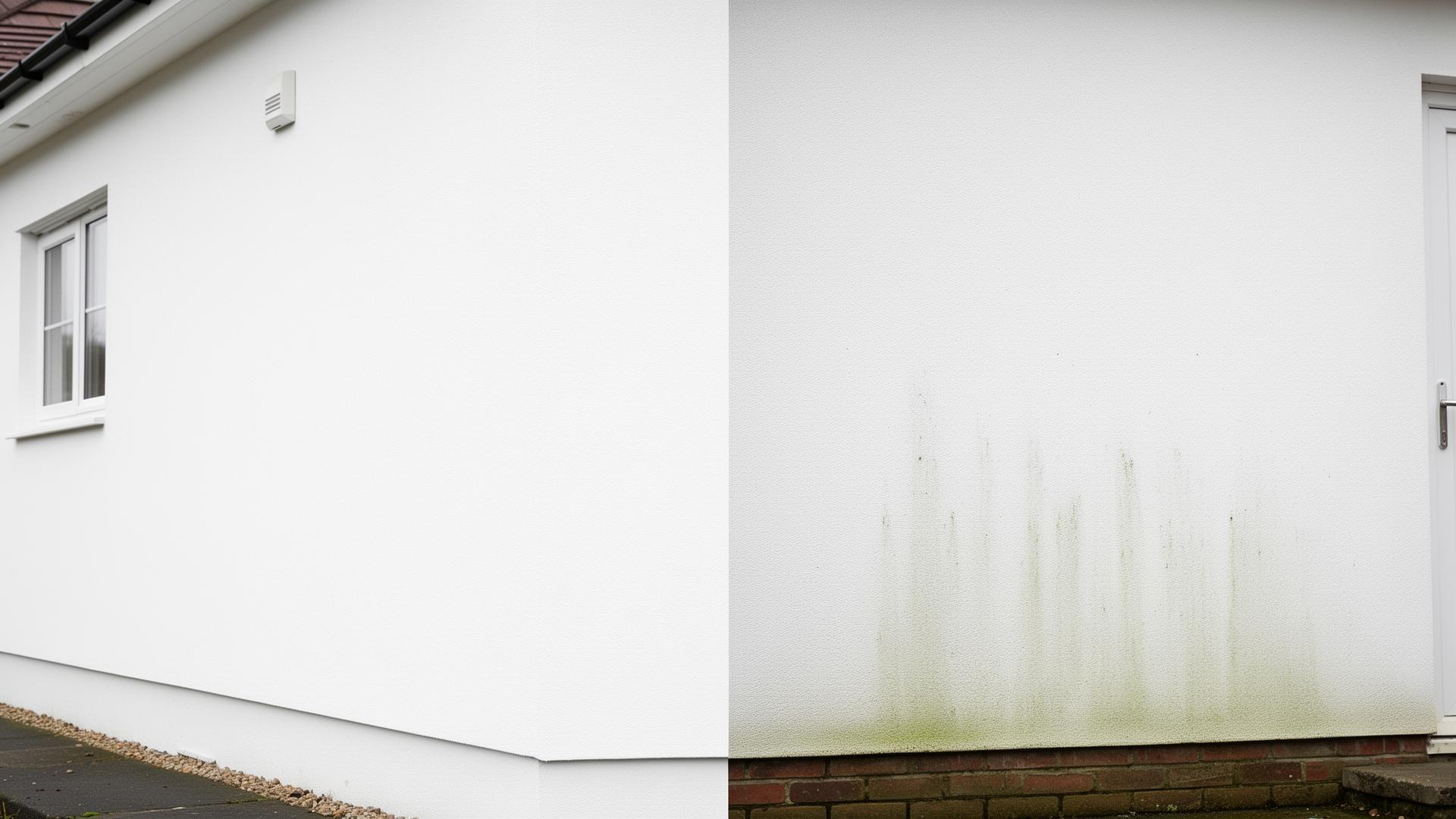 White rendered house wall before and after professional render cleaning